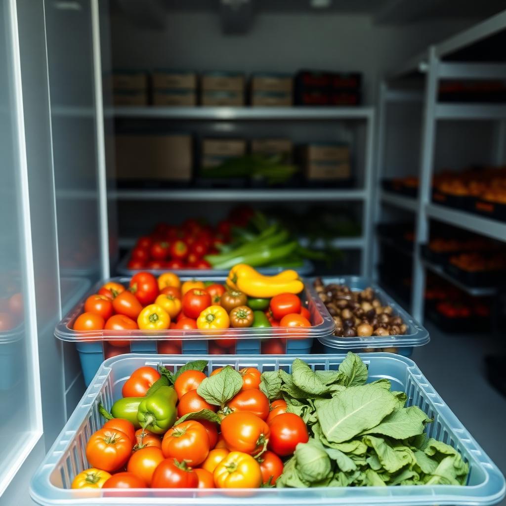 Fresh vegetables stored in a renewable-powered cold room supporting resilient African food systems.